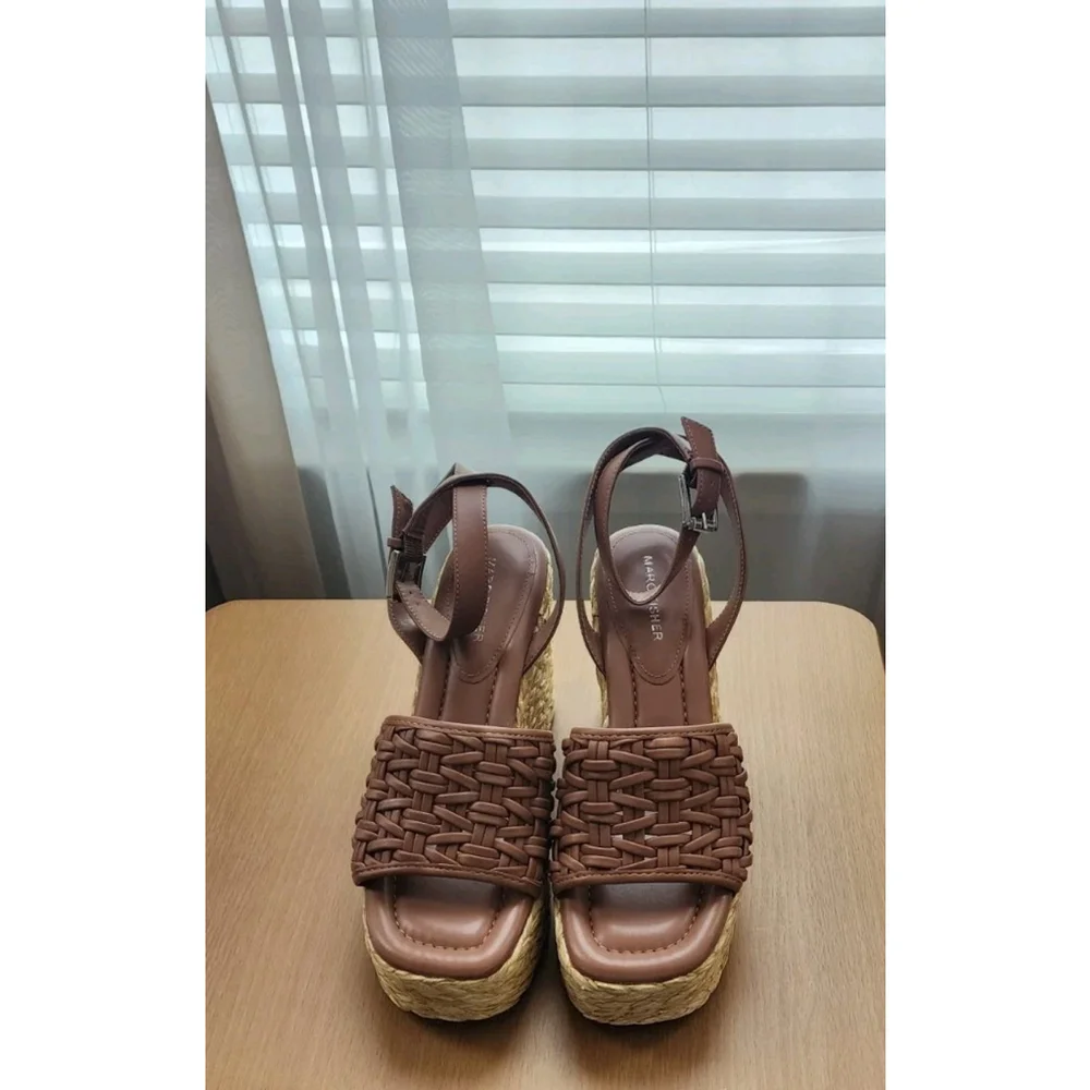 Marc Fisher Women Braided Raffia Chunky Platform Sandals 10 M Cognac Brown